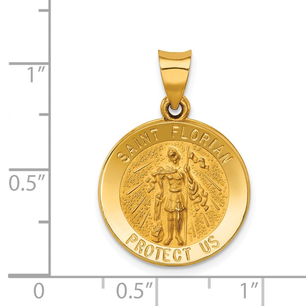 14k Yellow Gold 18.5 mm Polished and Satin St Florian Medal Hollow Pendant (1.3 grams)