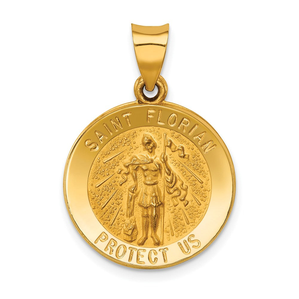 14k Yellow Gold 18.5 mm Polished and Satin St Florian Medal Hollow Pendant (1.3 grams)