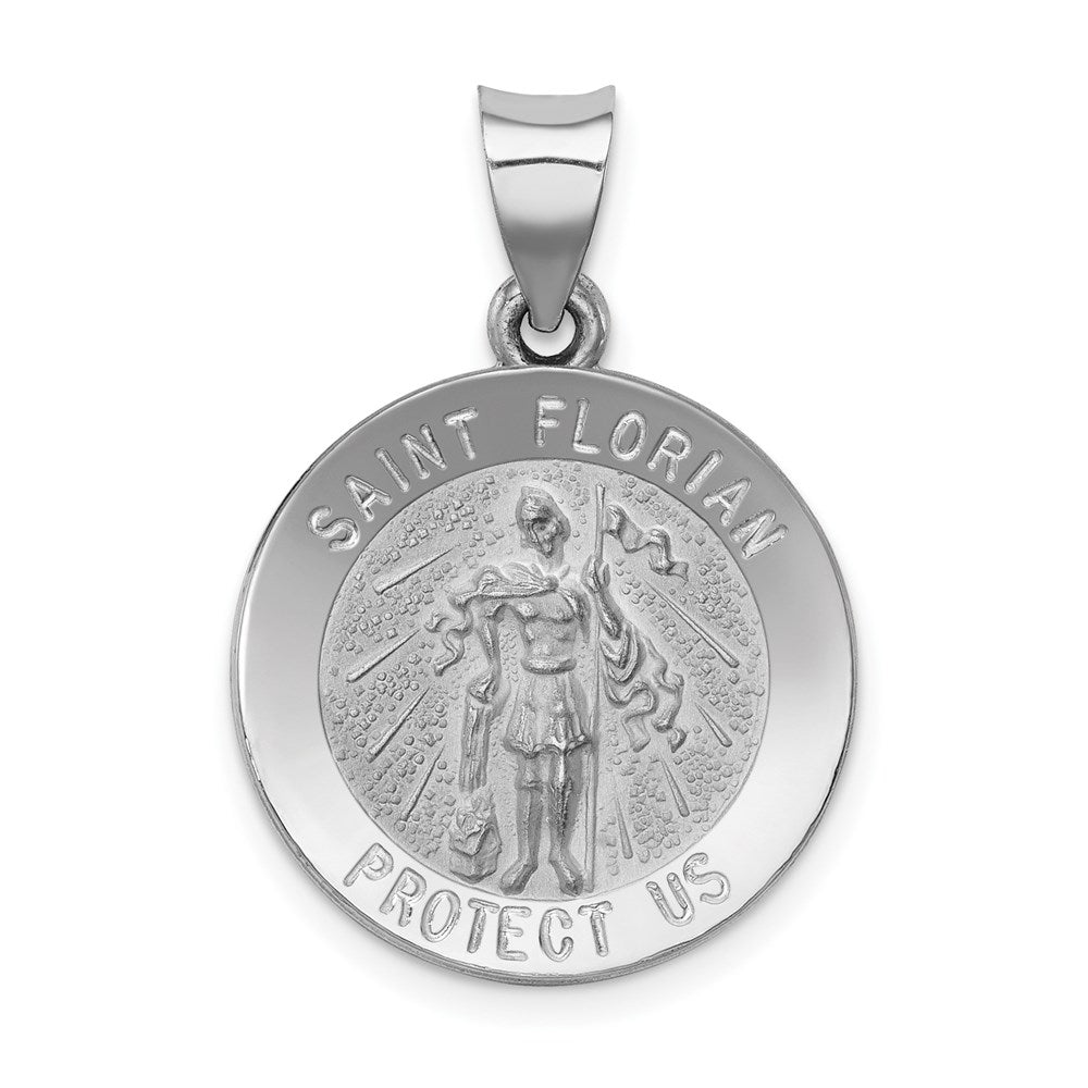 14k White Gold 18.5 mm Polished and Satin St Florian Medal Hollow Pendant (1.3 grams)