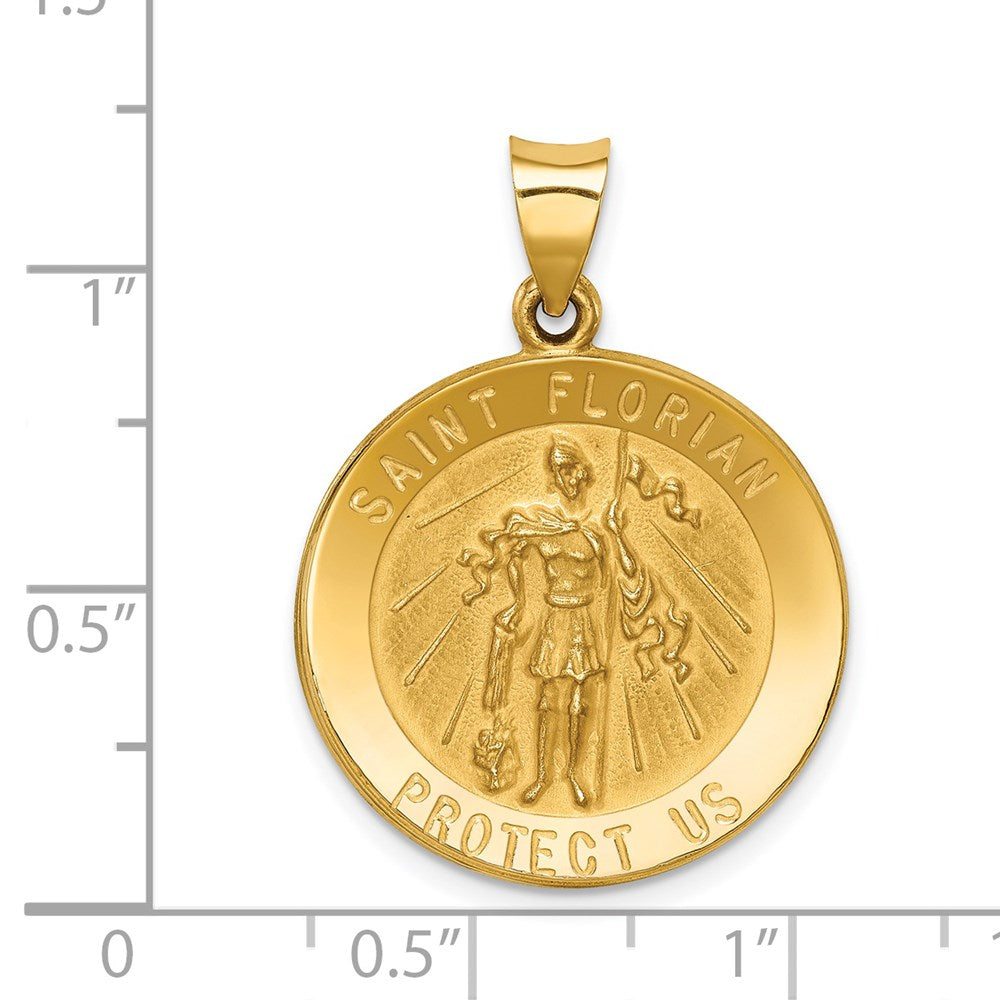 14k Yellow Gold 22.25 mm Polished and Satin St Florian Medal Hollow Pendant (1.83 grams)