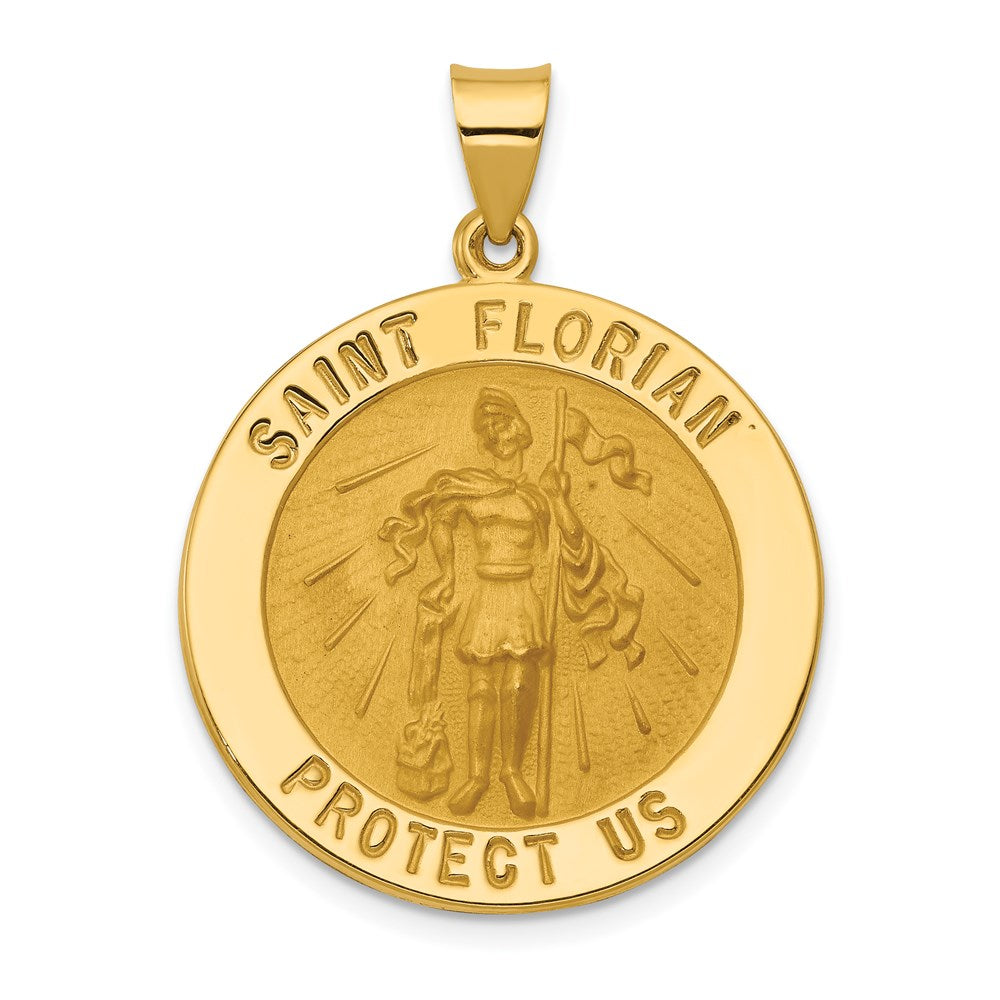 14k Yellow Gold 25 mm Polished and Satin St Florian Medal Hollow Pendant (2.35 grams)