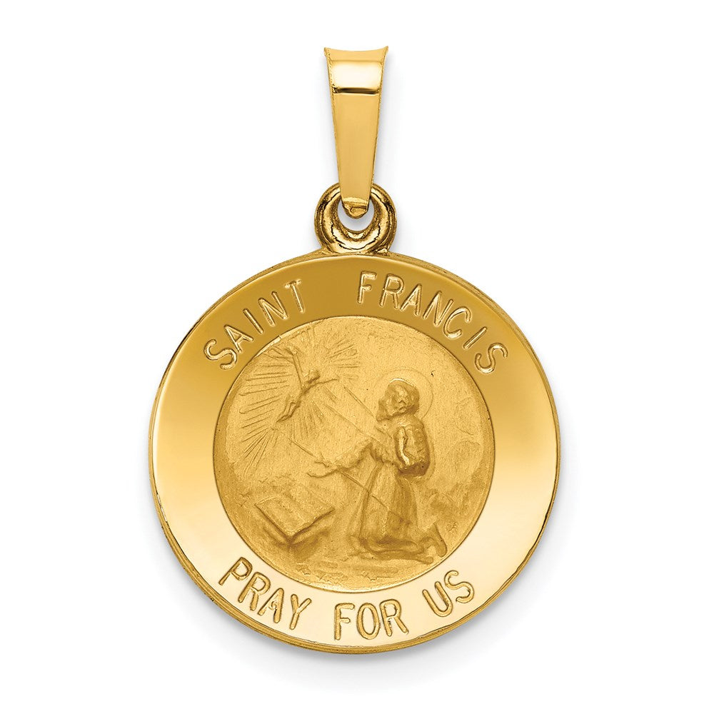 14k Yellow Gold 15.25 mm Polished and Satin St Francis Medal Hollow Pendant (0.88 grams)