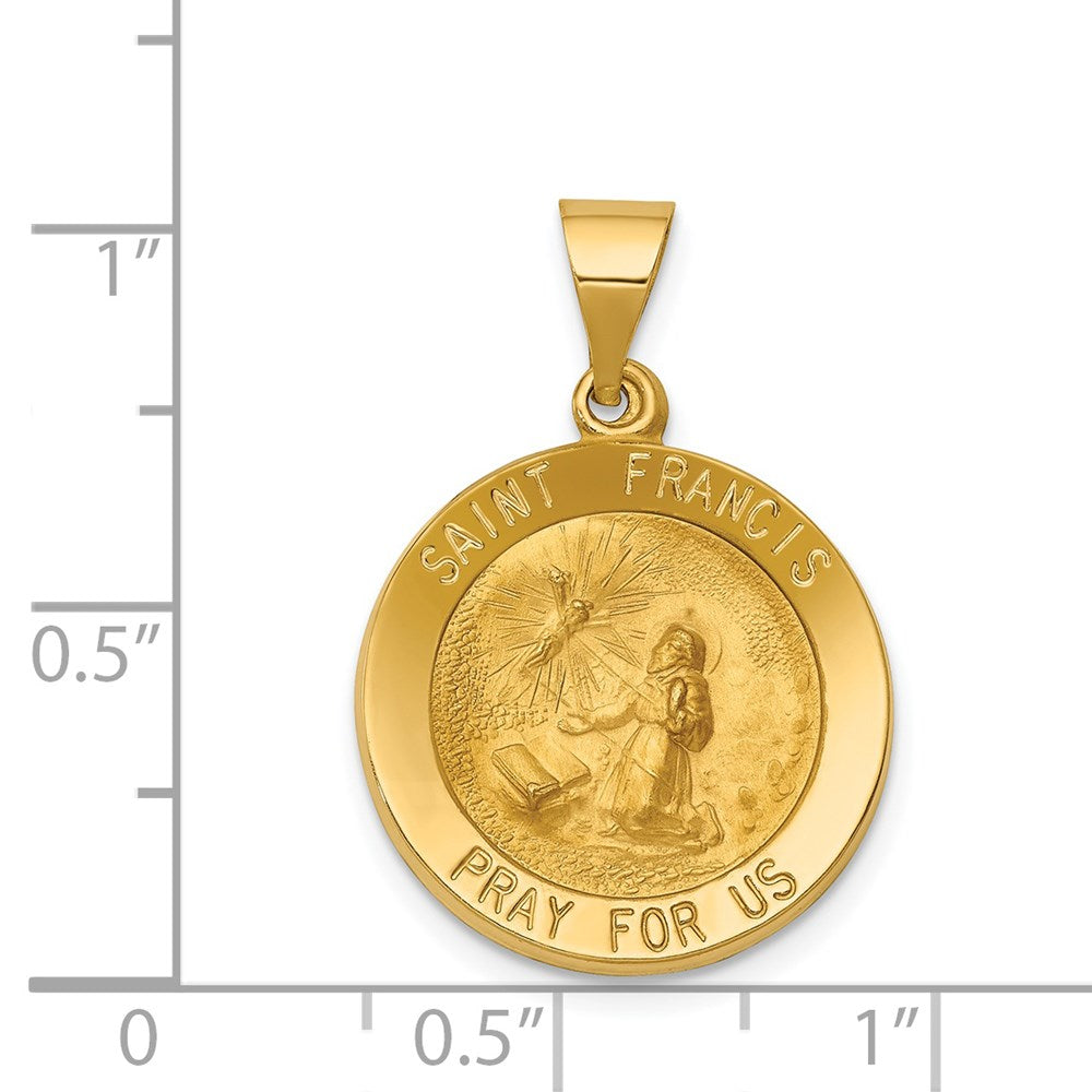 14k Yellow Gold 18.3 mm Polished and Satin St Francis Medal Hollow Pendant (1.3 grams)