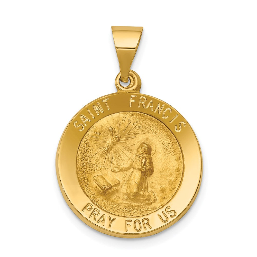 14k Yellow Gold 18.3 mm Polished and Satin St Francis Medal Hollow Pendant (1.3 grams)