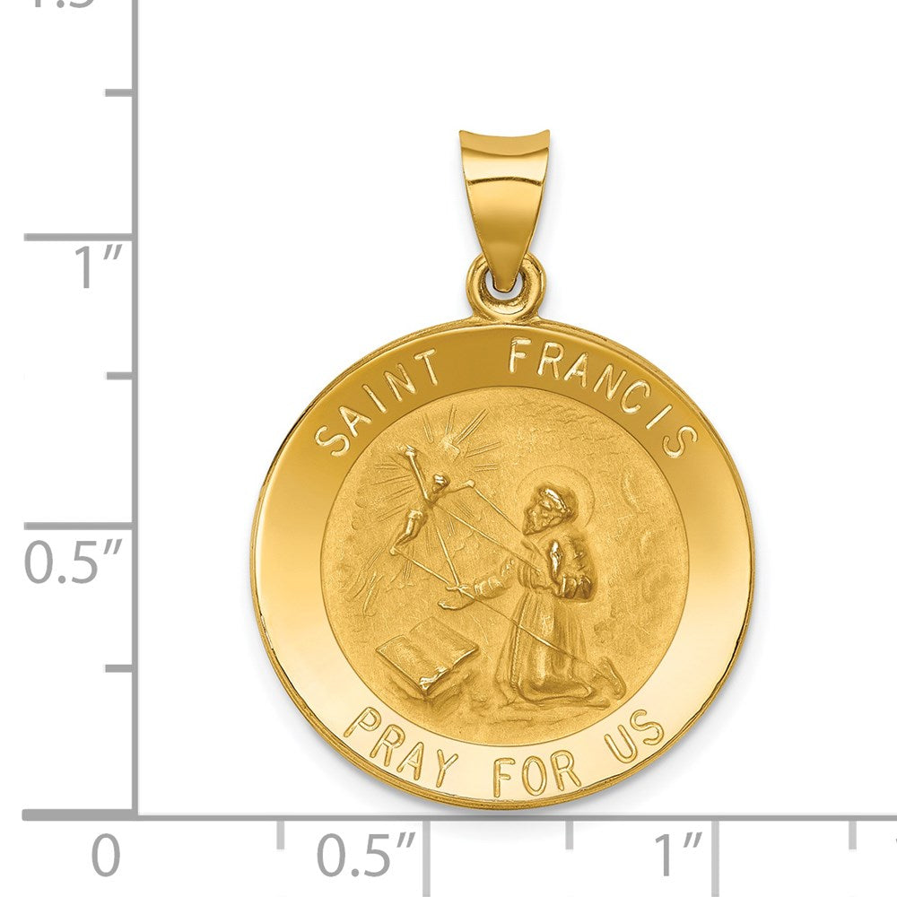 14k Yellow Gold 22.5 mm Polished and Satin St Francis Medal Hollow Pendant (1.83 grams)