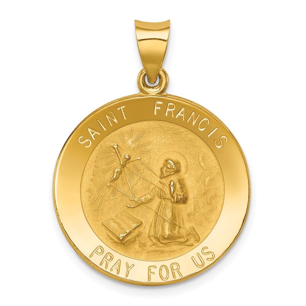 14k Yellow Gold 22.5 mm Polished and Satin St Francis Medal Hollow Pendant (1.83 grams)