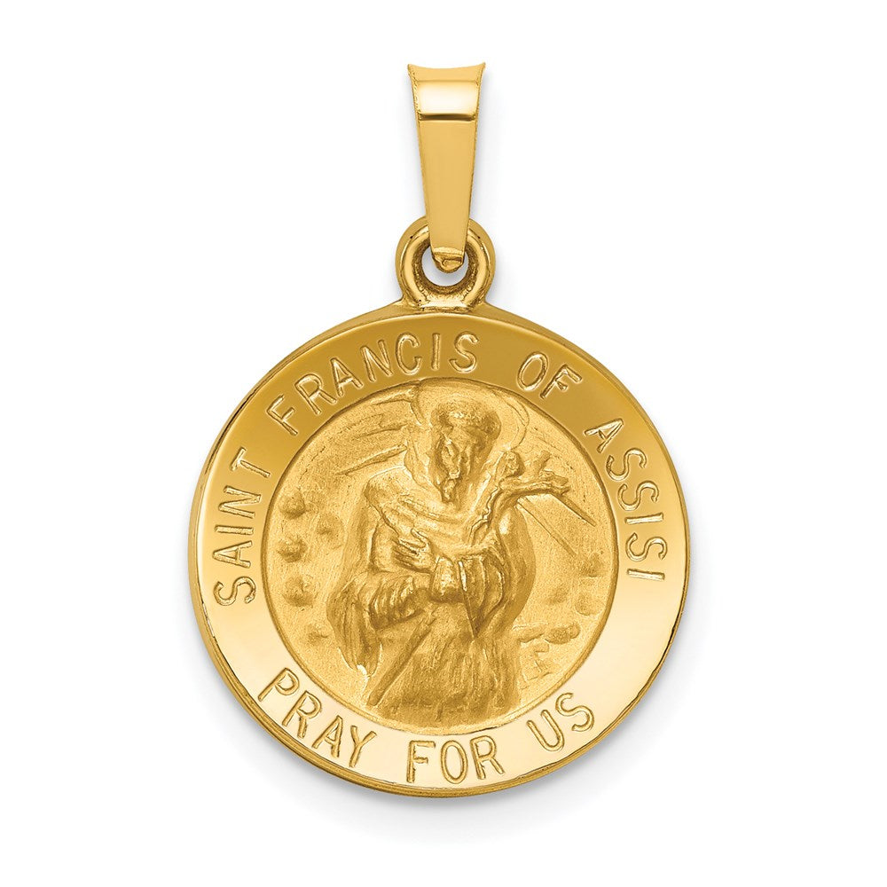 14k Yellow Gold 15.4 mm Polished and Satin St Francis of Assisi Medal Hollow Pendant (0.88 grams)