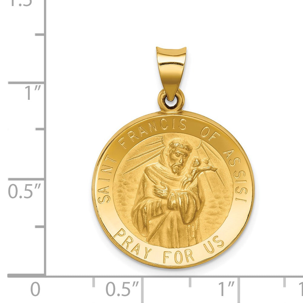 14k Yellow Gold 21.8 mm Polished and Satin St Francis of Assisi Medal Hollow Pendant (1.83 grams)