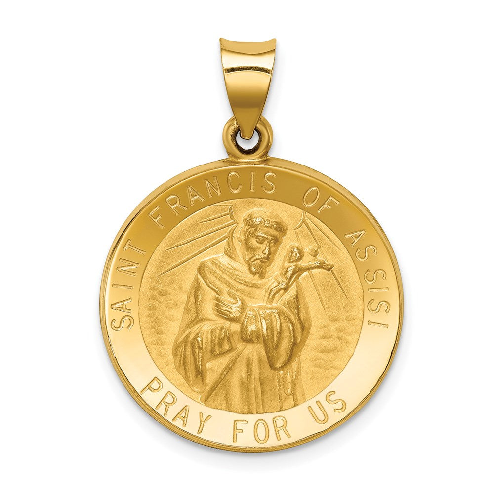 14k Yellow Gold 21.8 mm Polished and Satin St Francis of Assisi Medal Hollow Pendant (1.83 grams)