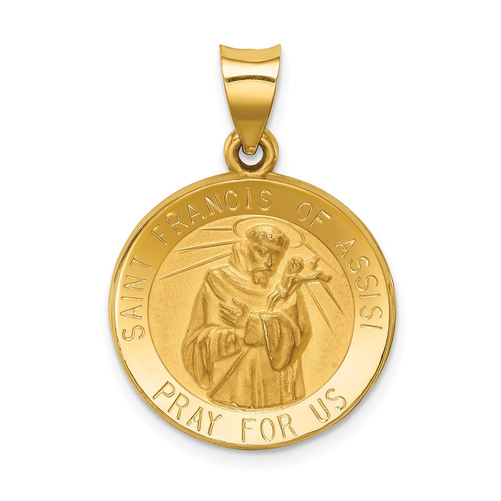 14k Yellow Gold 19 mm Polished and Satin St Francis of Assisi Medal Hollow Pendant (1.3 grams)