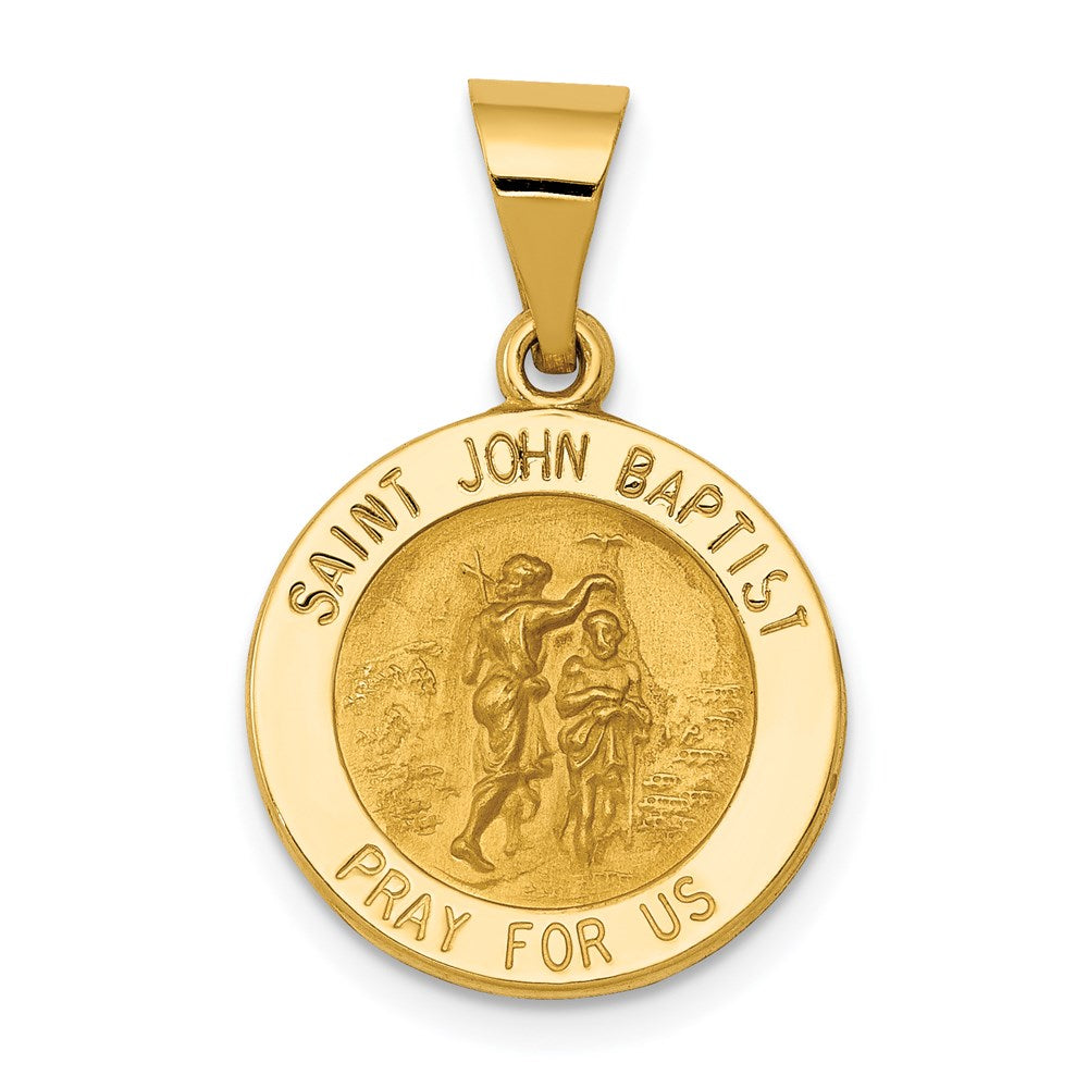 14k Yellow Gold 16 mm Polished and Satin St John Baptist Medal Hollow Pendant (0.88 grams)