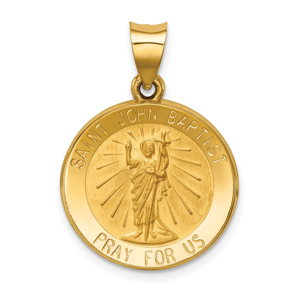 14k Yellow Gold 19 mm Polished and Satin St John Baptist Medal Hollow Pendant (1.3 grams)