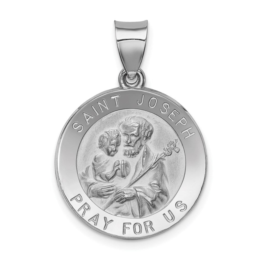 14k White Gold 18.75 mm Polished and Satin St Joseph Medal Hollow Pendant (1.3 grams)