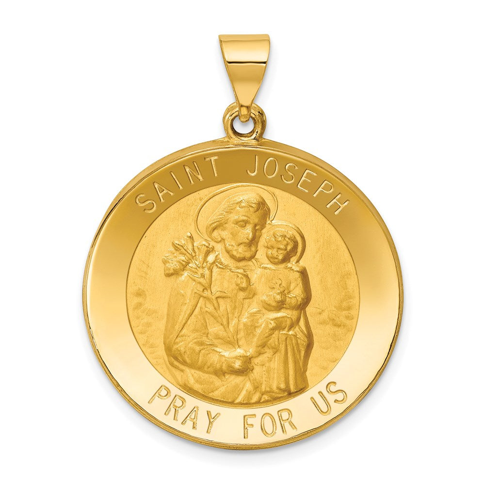 14k Yellow Gold 26 mm Polished and Satin St Joseph Medal Hollow Pendant (2.35 grams)