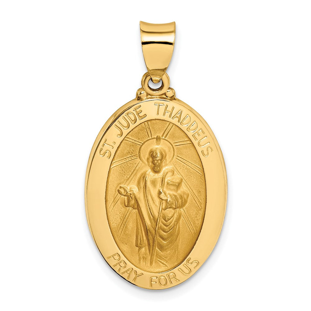 14k Yellow Gold 16.5 mm Polished and Satin St Jude Thaddeus Medal Hollow Pendant (1.36 grams)