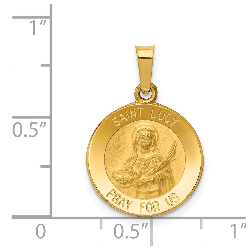 14k Yellow Gold 15 mm Polished and Satin St Lucy Medal Hollow Pendant (0.88 grams)