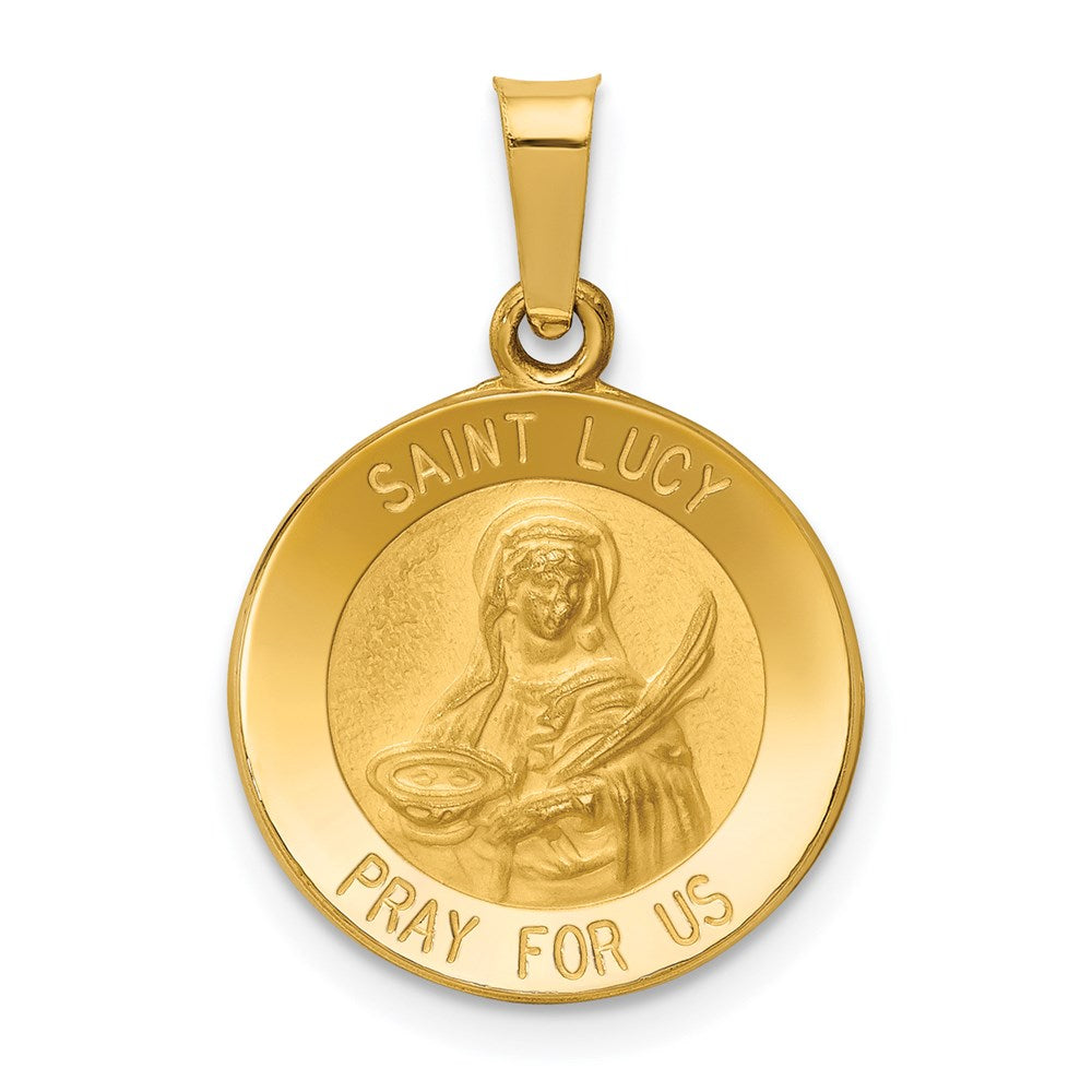 14k Yellow Gold 15 mm Polished and Satin St Lucy Medal Hollow Pendant (0.88 grams)