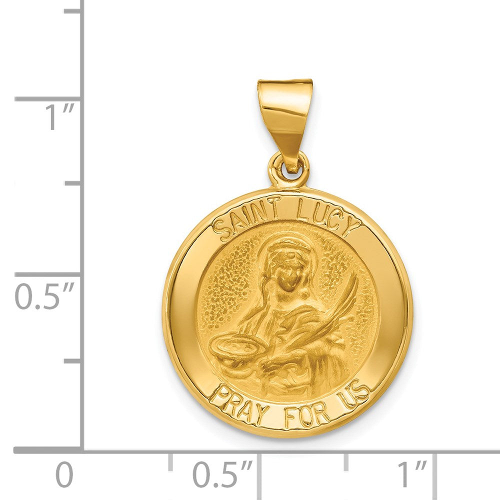 14k Yellow Gold 18.5 mm Polished and Satin St Lucy Medal Hollow Pendant (1.3 grams)