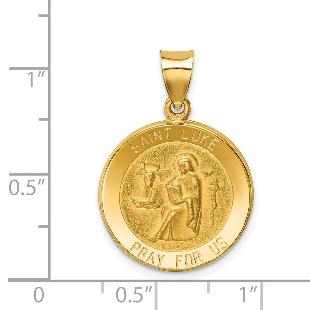 14k Yellow Gold 19 mm Polished and Satin St Luke Medal Hollow Pendant (1.3 grams)