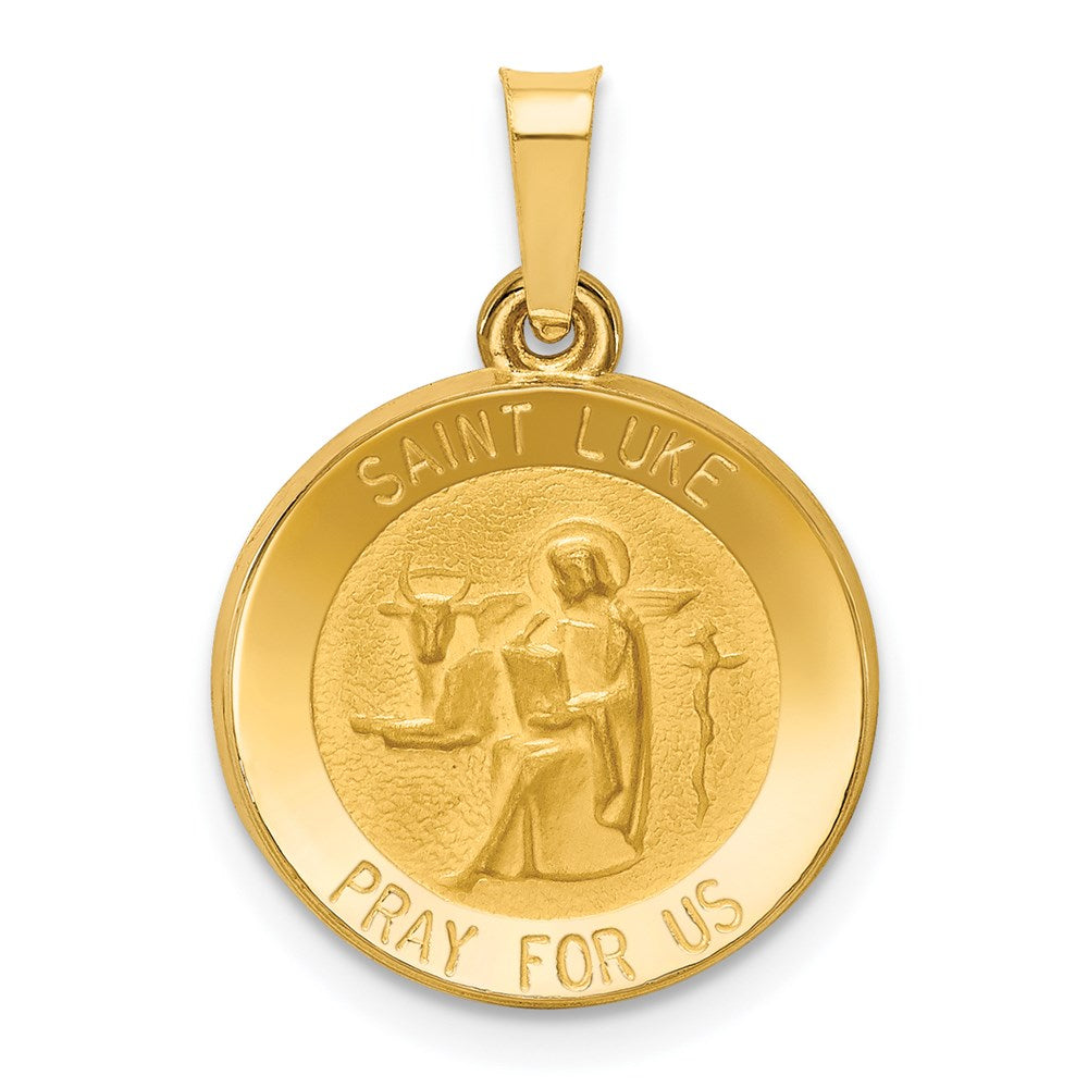 14k Yellow Gold 15 mm Polished and Satin St Luke Medal Hollow Pendant (0.88 grams)