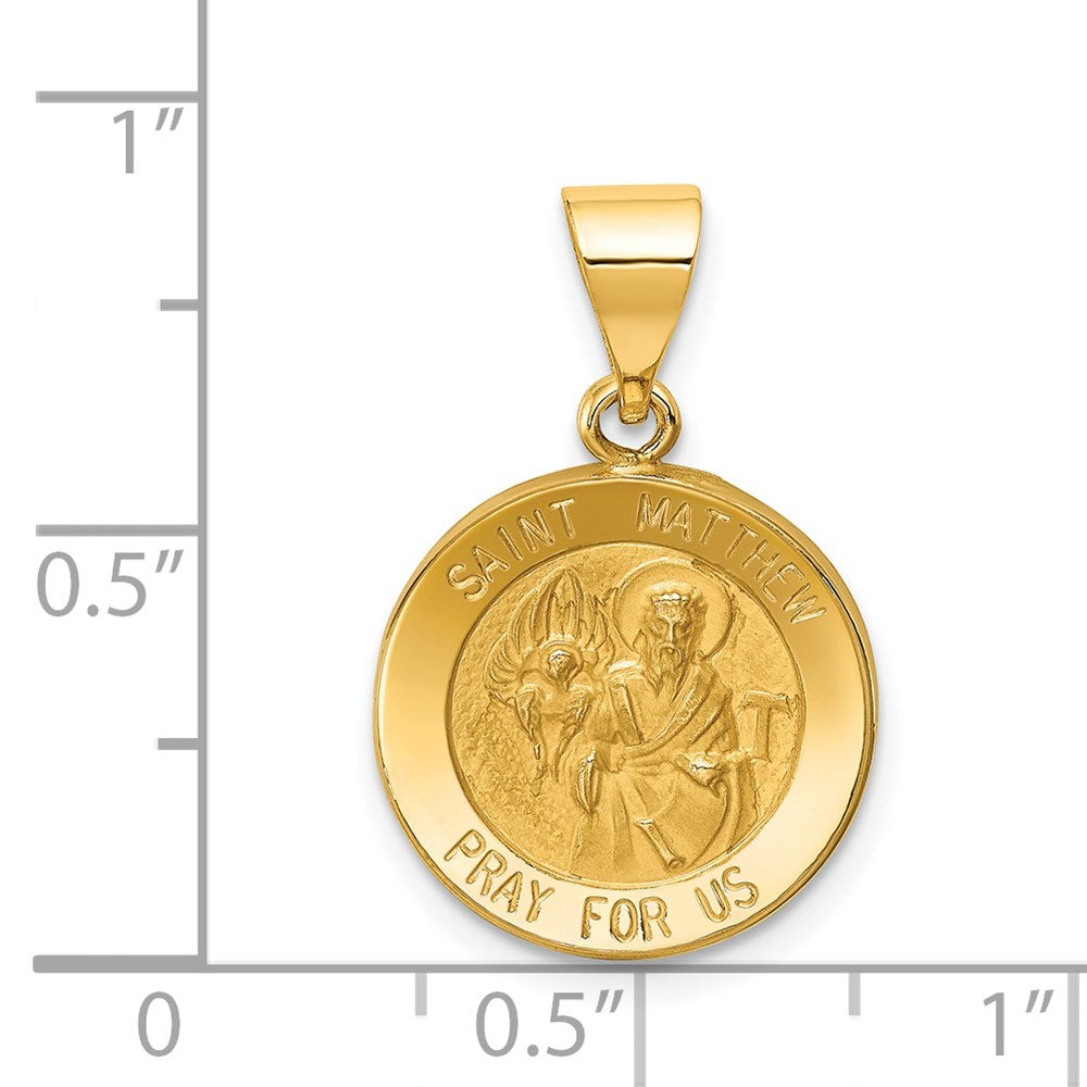 14k Yellow Gold 15 mm Polished and Satin St Matthew Medal Hollow Pendant (0.88 grams)