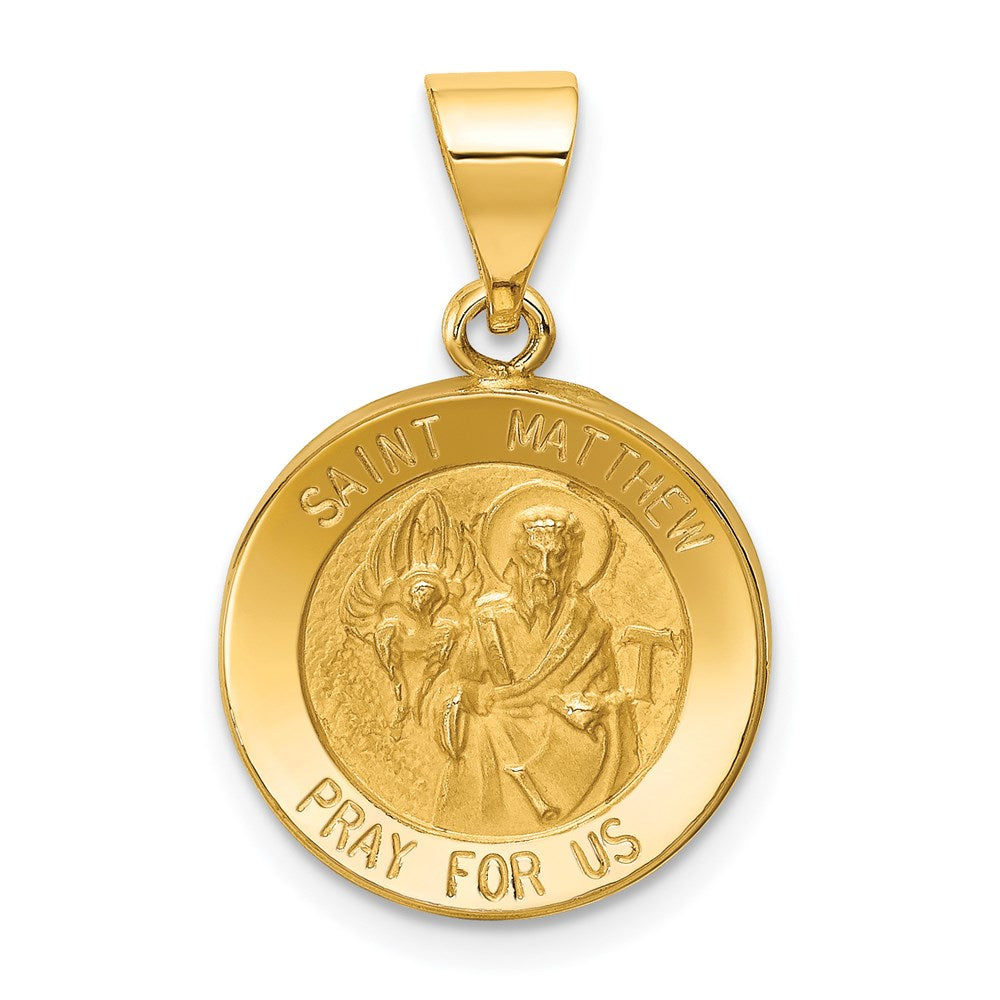 14k Yellow Gold 15 mm Polished and Satin St Matthew Medal Hollow Pendant (0.88 grams)