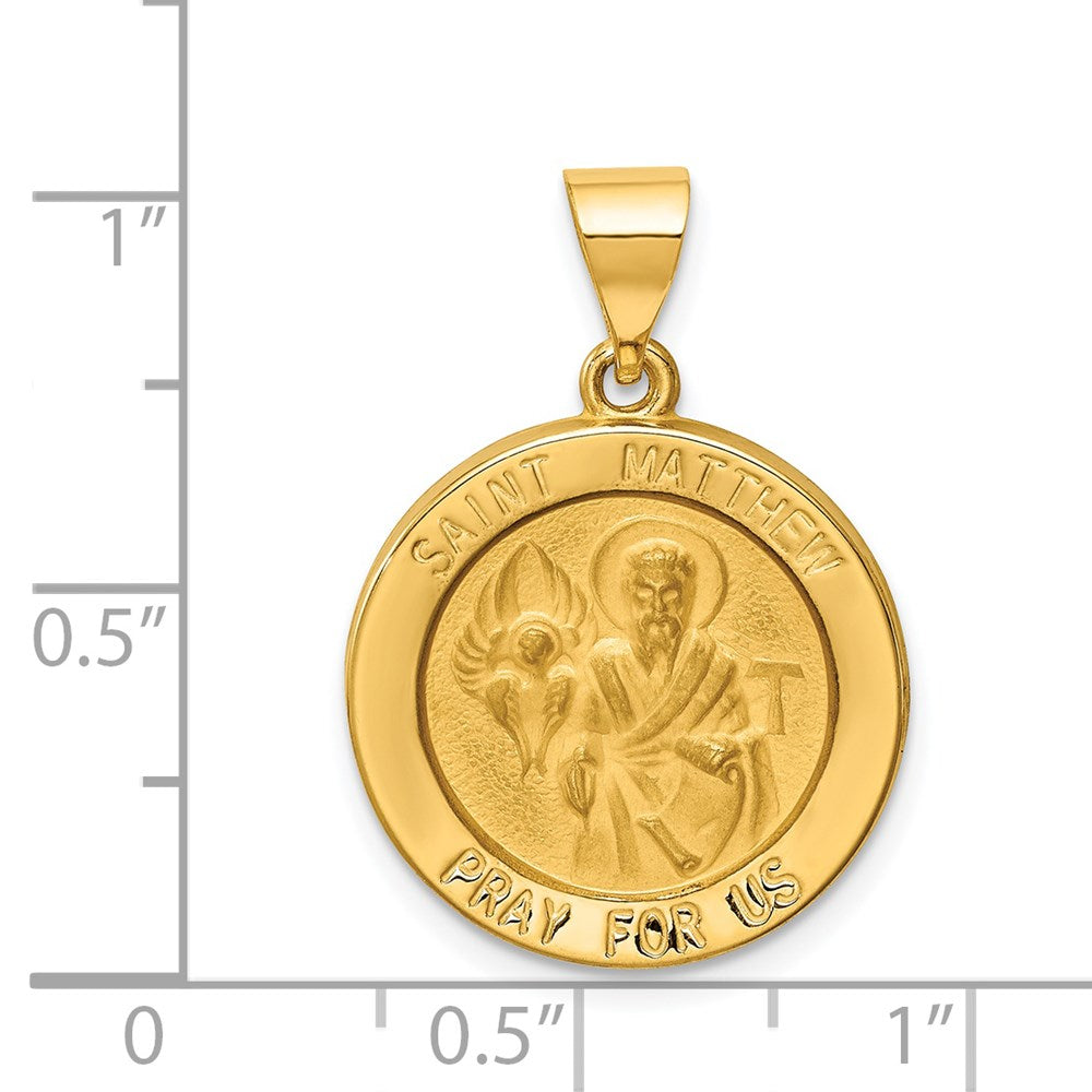 14k Yellow Gold 19 mm Polished and Satin St Matthew Medal Hollow Pendant (1.3 grams)