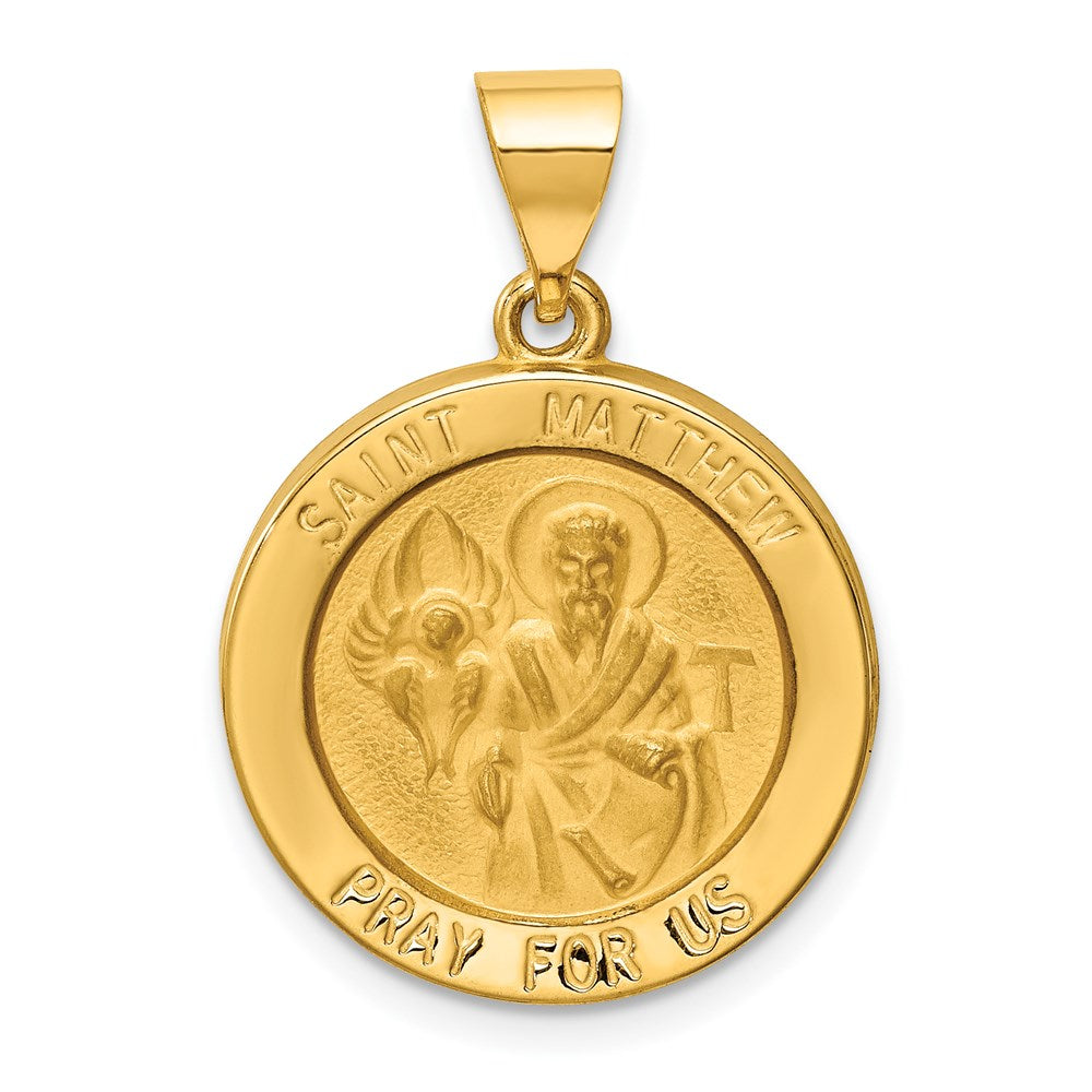 14k Yellow Gold 19 mm Polished and Satin St Matthew Medal Hollow Pendant (1.3 grams)