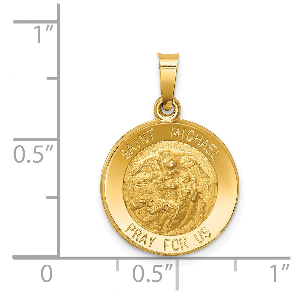 14k Yellow Gold 15 mm Polished and Satin St Michael Medal Hollow Pendant (0.88 grams)