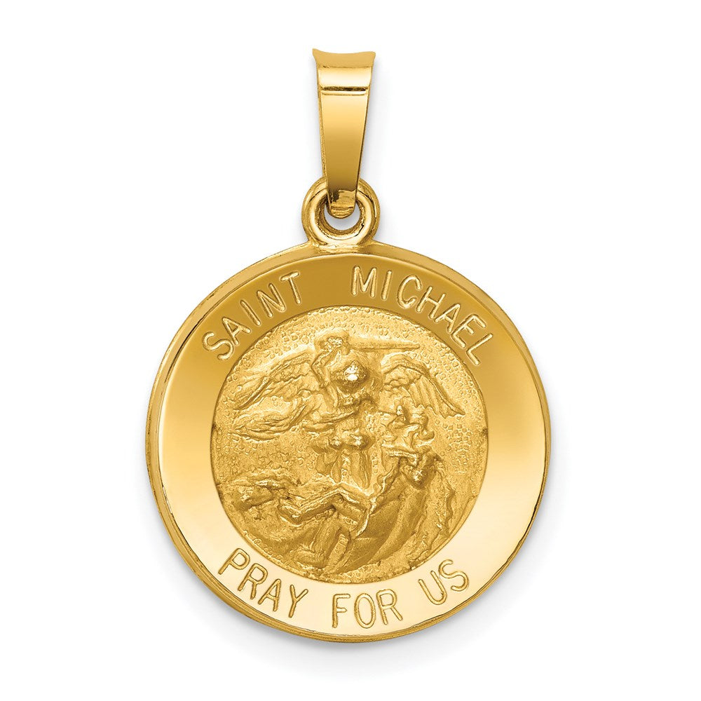 14k Yellow Gold 15 mm Polished and Satin St Michael Medal Hollow Pendant (0.88 grams)