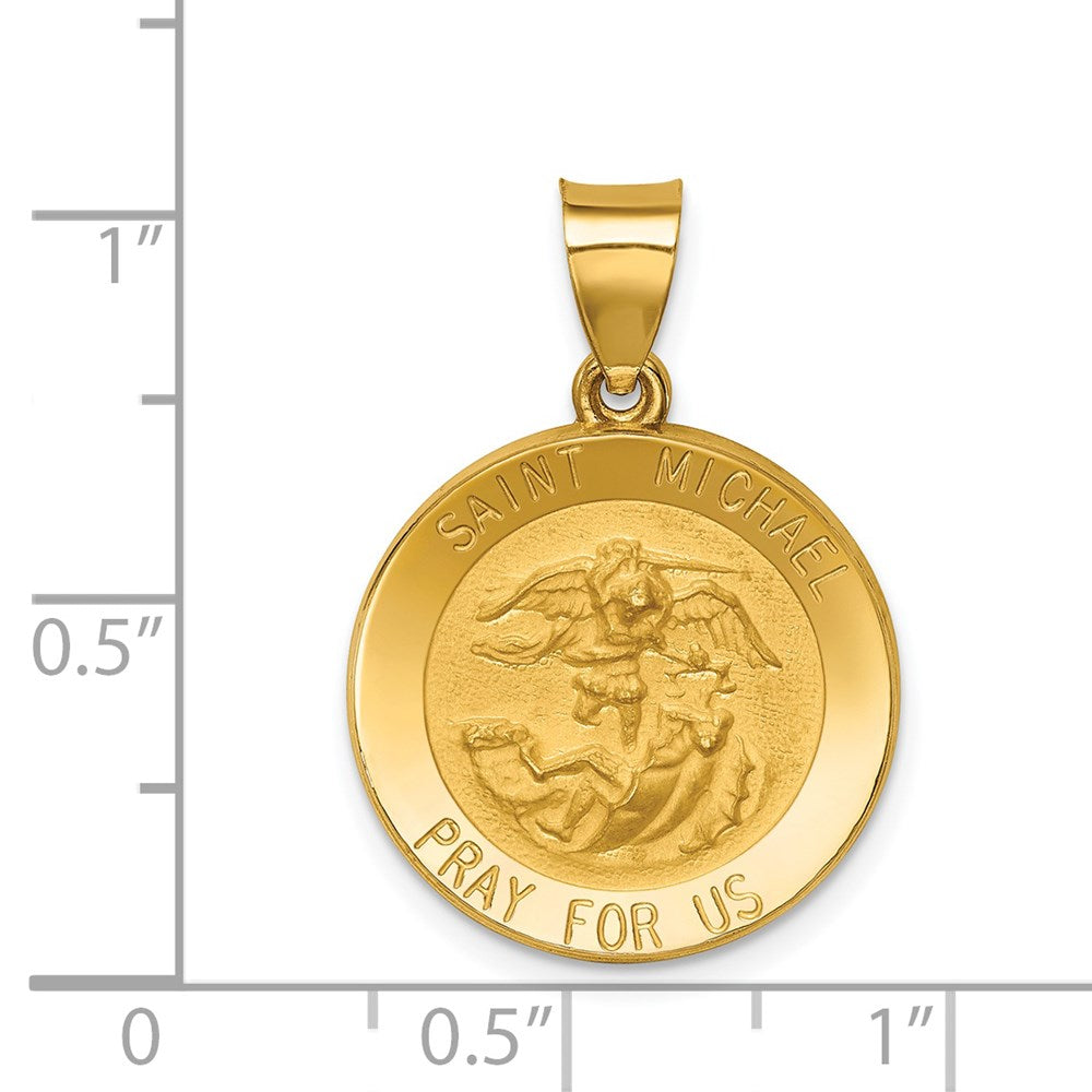 14k Yellow Gold 18 mm Polished and Satin St Michael Medal Hollow Pendant (1.3 grams)