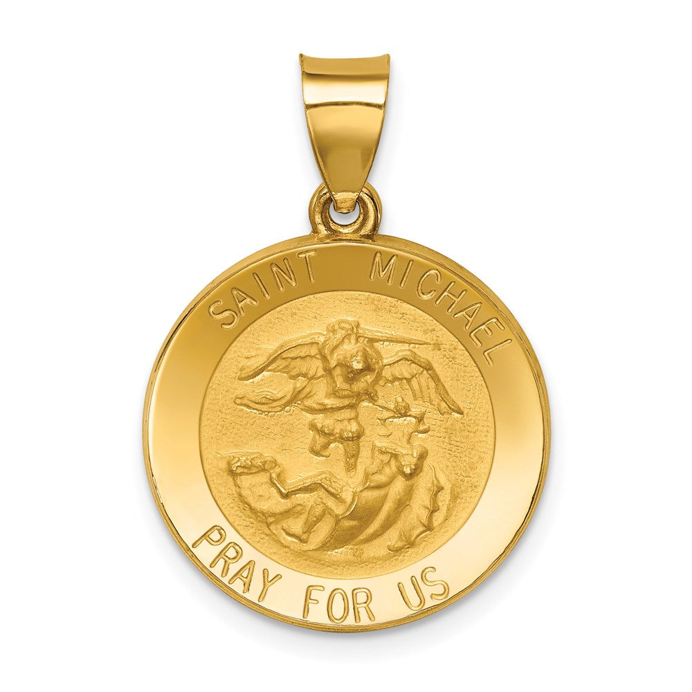 14k Yellow Gold 18 mm Polished and Satin St Michael Medal Hollow Pendant (1.3 grams)