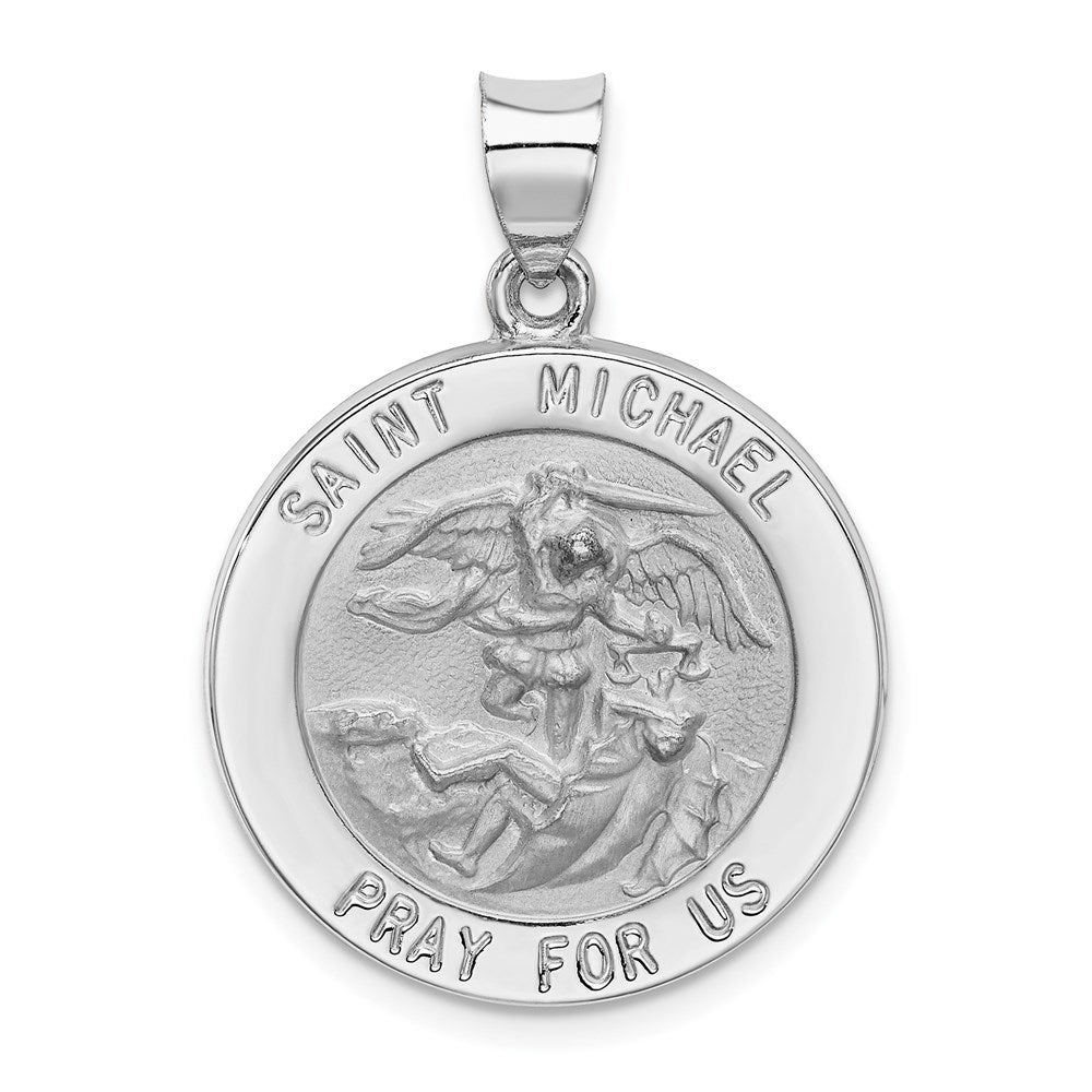 14k White Gold 23 mm Polished/Satin St Michael Medal Hollow Pendant (1.83 grams)