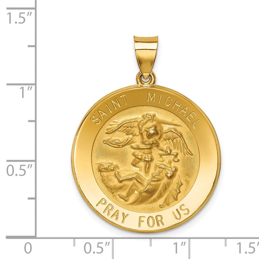 14k Yellow Gold 25 mm Polished and Satin St Michael Medal Hollow Pendant (2.35 grams)