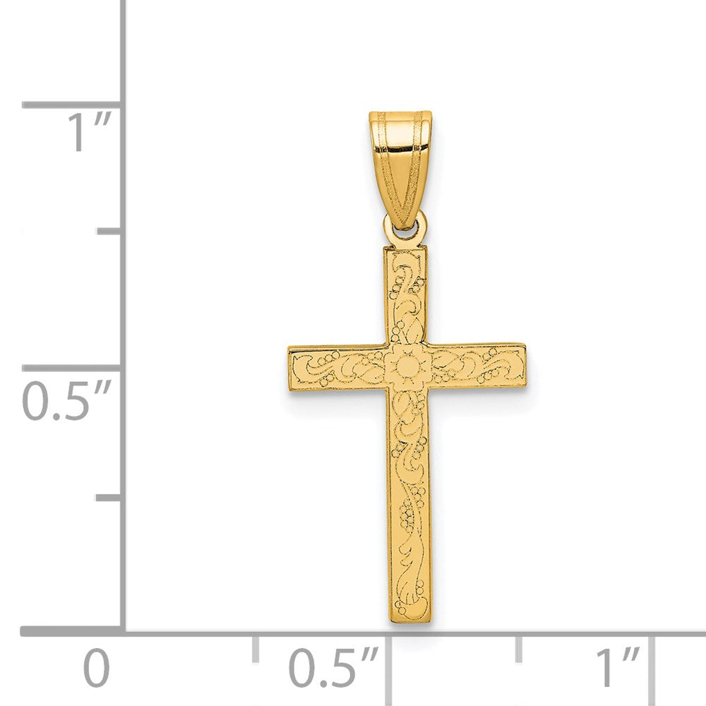 14k Yellow Gold 12 mm Etched Floral Cross Pendant (0.6 grams)