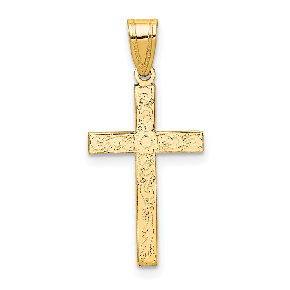 14k Yellow Gold 12 mm Etched Floral Cross Pendant (0.6 grams)