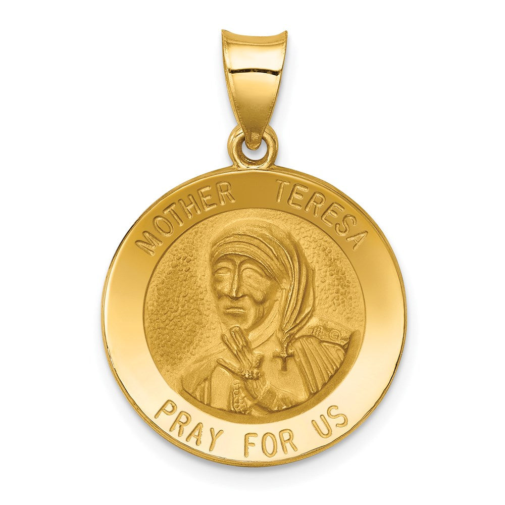 14k Yellow Gold 19 mm Polished and Satin Mother Teresa Medal Hollow Pendant (1.3 grams)