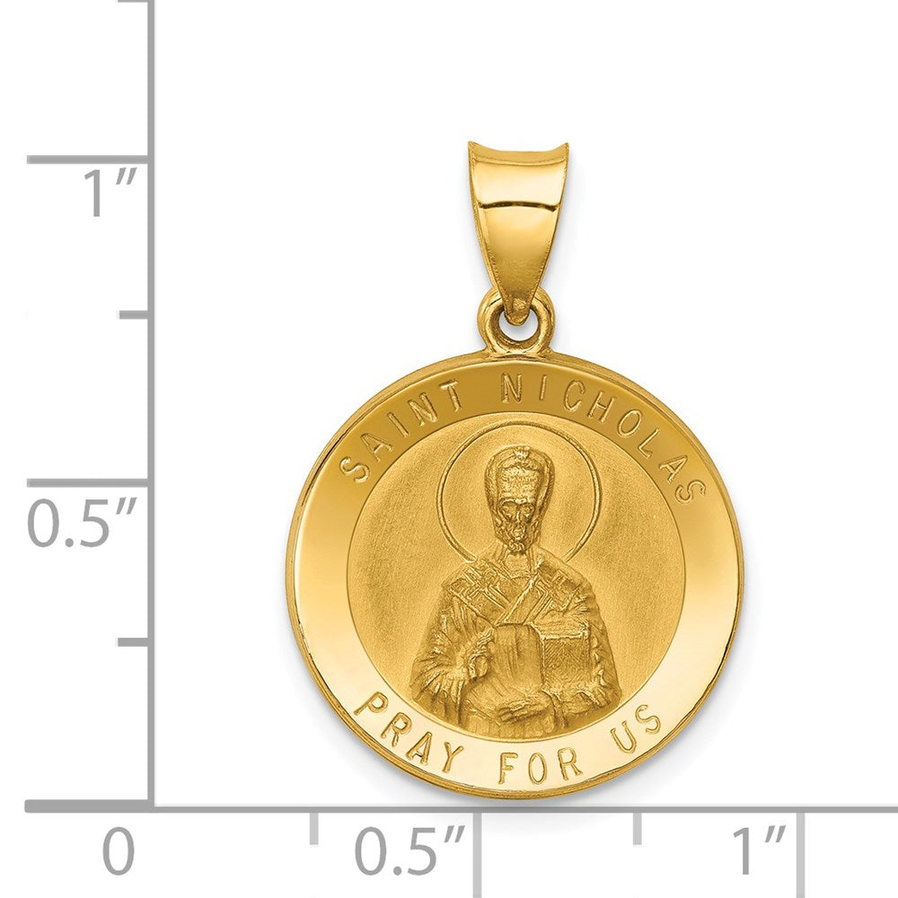 14k Yellow Gold 19 mm Polished and Satin St Nicholas Medal Hollow Pendant (1.3 grams)