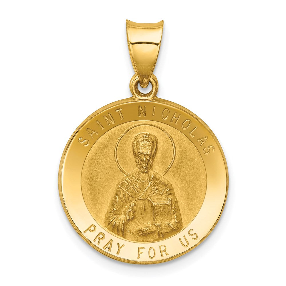 14k Yellow Gold 19 mm Polished and Satin St Nicholas Medal Hollow Pendant (1.3 grams)