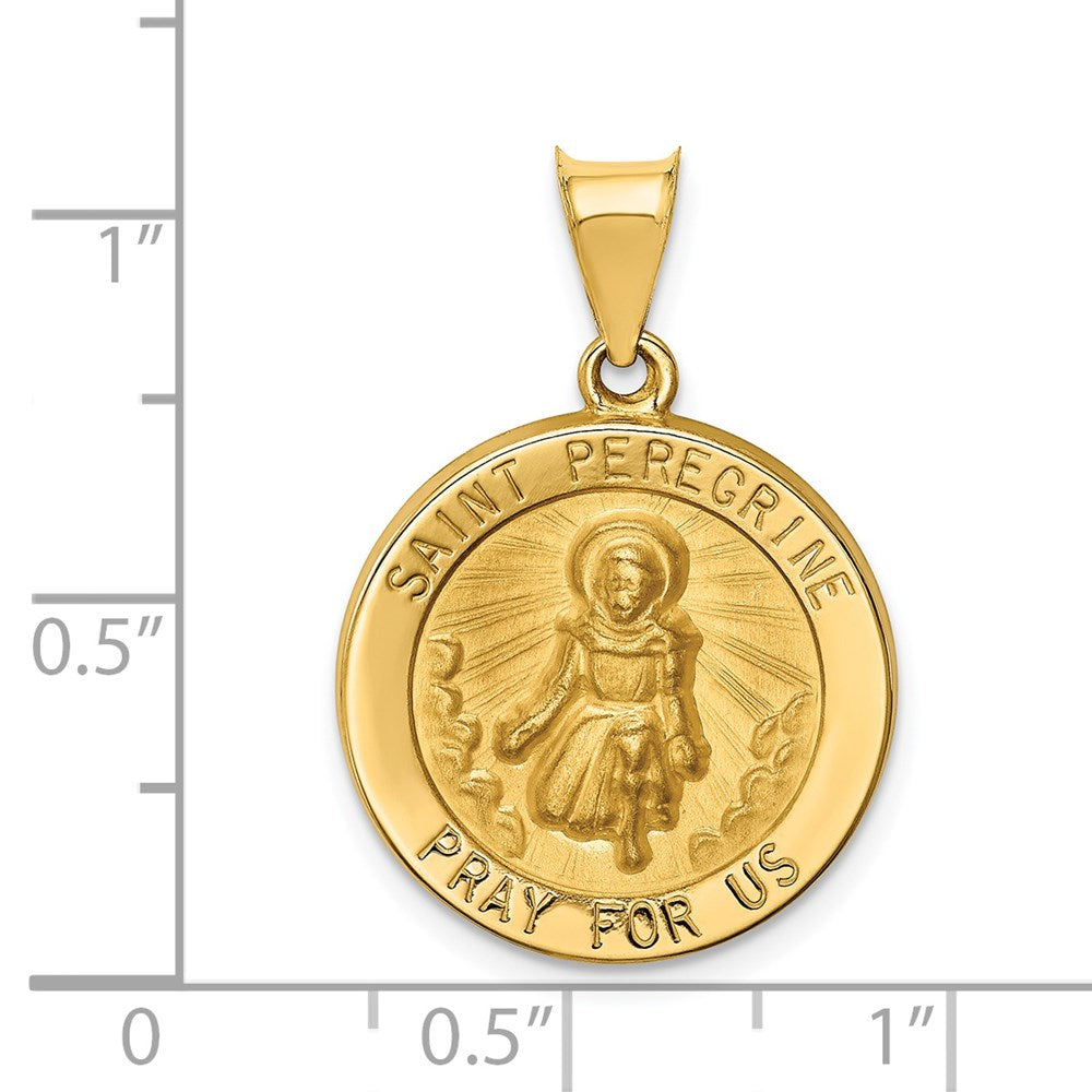 14k Yellow Gold 19 mm Polished and Satin St Peregrine Medal Hollow Pendant (1.3 grams)