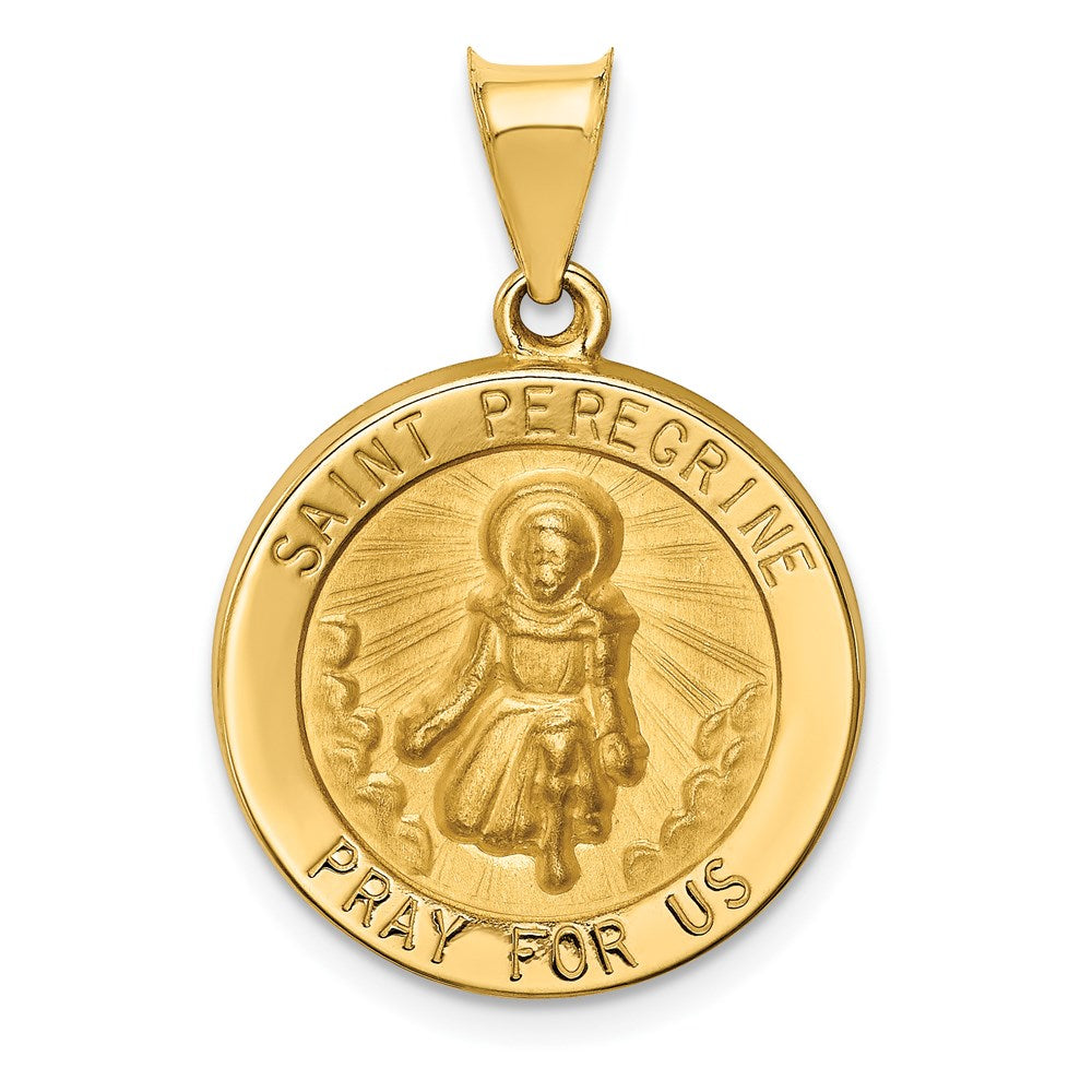 14k Yellow Gold 19 mm Polished and Satin St Peregrine Medal Hollow Pendant (1.3 grams)