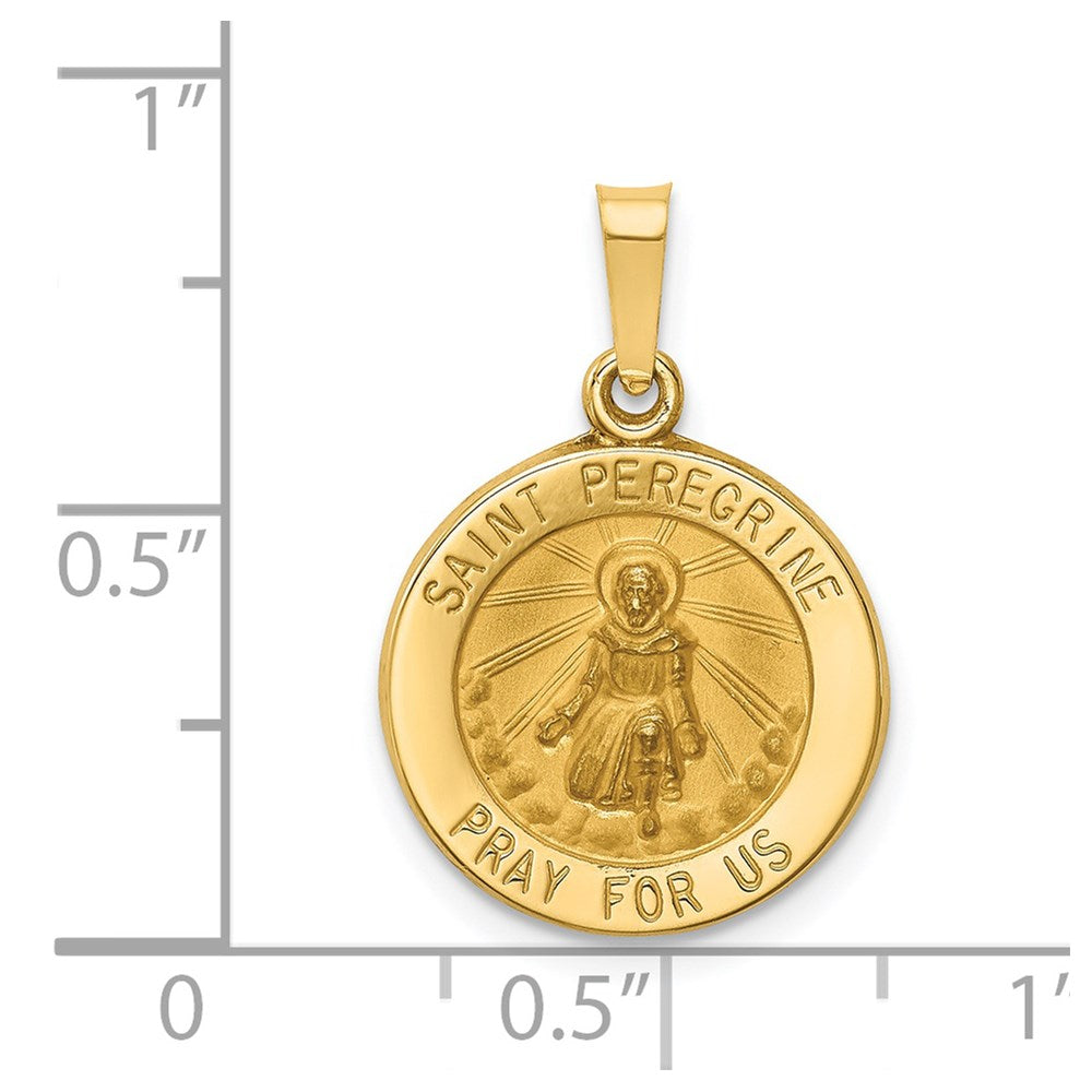 14k Yellow Gold 15 mm Polished and Satin St Peregrine Medal Hollow Pendant (0.88 grams)