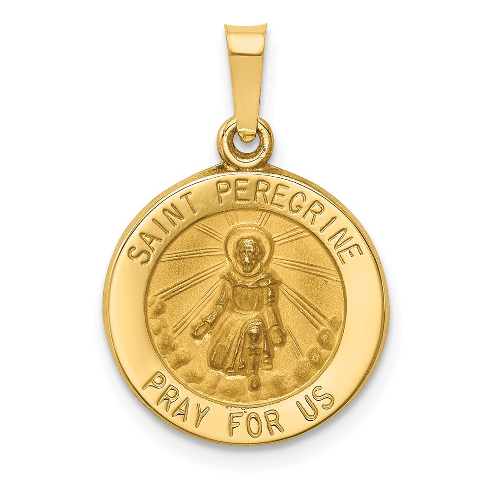 14k Yellow Gold 15 mm Polished and Satin St Peregrine Medal Hollow Pendant (0.88 grams)