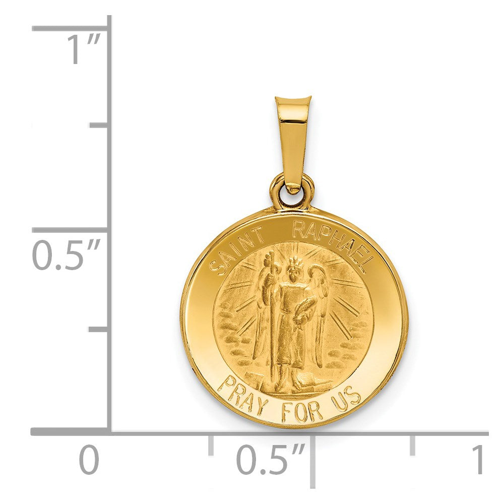 14k Yellow Gold 16 mm Polished and Satin St Raphael Medal Hollow Pendant (0.88 grams)