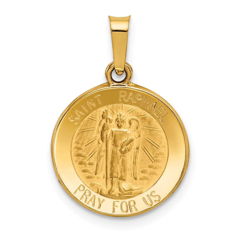 14k Yellow Gold 16 mm Polished and Satin St Raphael Medal Hollow Pendant (0.88 grams)