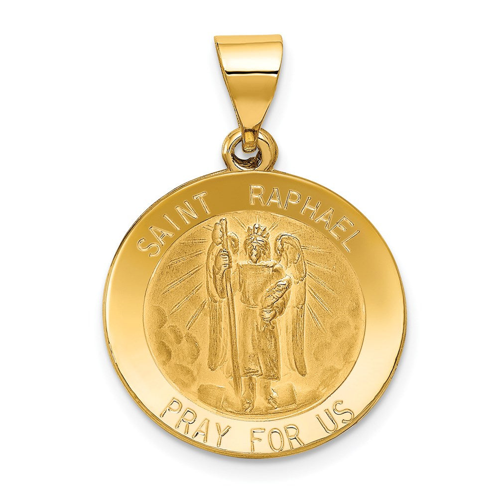 14k Yellow Gold 20 mm Polished and Satin St Raphael Medal Hollow Pendant (1.3 grams)