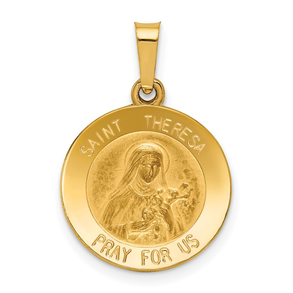 14k Yellow Gold 15 mm Polished and Satin St Theresa Medal Hollow Pendant (0.88 grams)