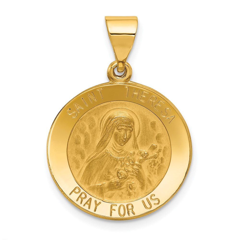 14k Yellow Gold 19 mm Polished and Satin St Theresa Medal Hollow Pendant (1.3 grams)