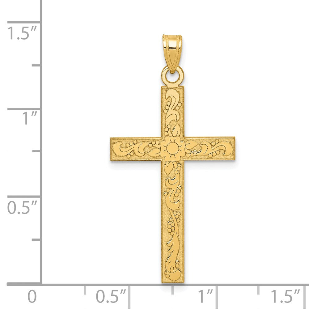 14k Yellow Gold 19 mm Etched Floral Cross Pendant (1.24 grams)