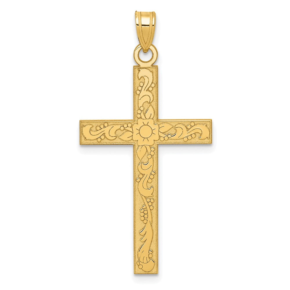 14k Yellow Gold 19 mm Etched Floral Cross Pendant (1.24 grams)